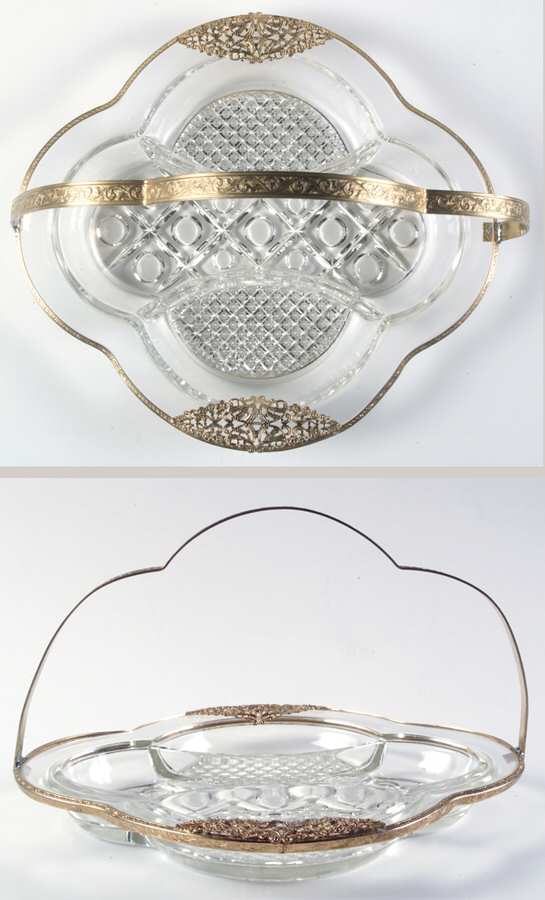 Cape Cod Clear (1602 + 160) 9" Oval 3 Part Relish with Metal Handle by Imperial Glass-Ohio-1