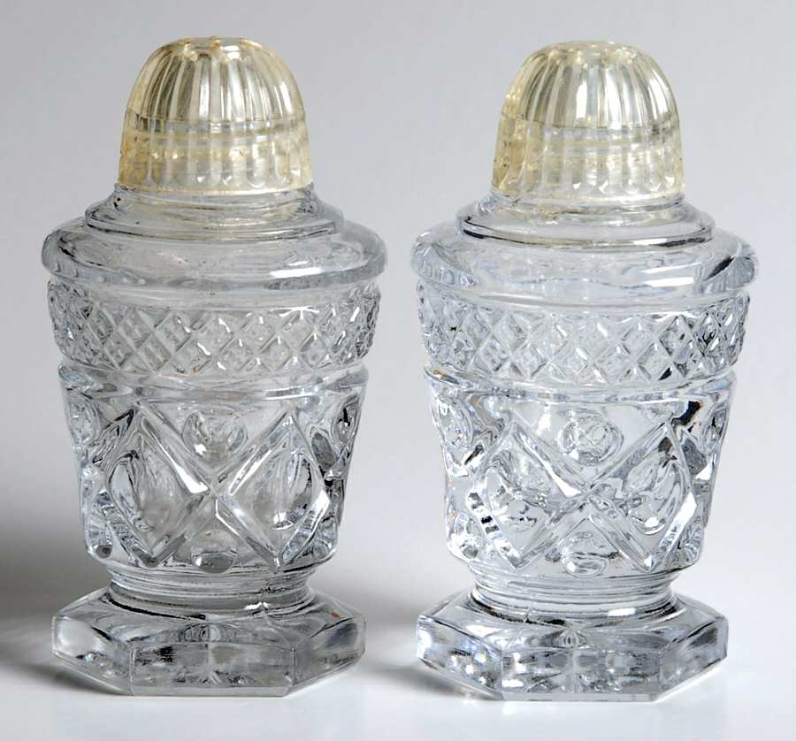 Cape Cod Clear (1602 + 160) Footed Shaker Set & Plastic Lids by Imperial Glass-Ohio-1