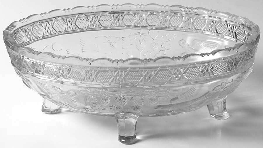 Bird and Strawberries 9" Oval 4 Toed Bowl by Indiana Glass-1