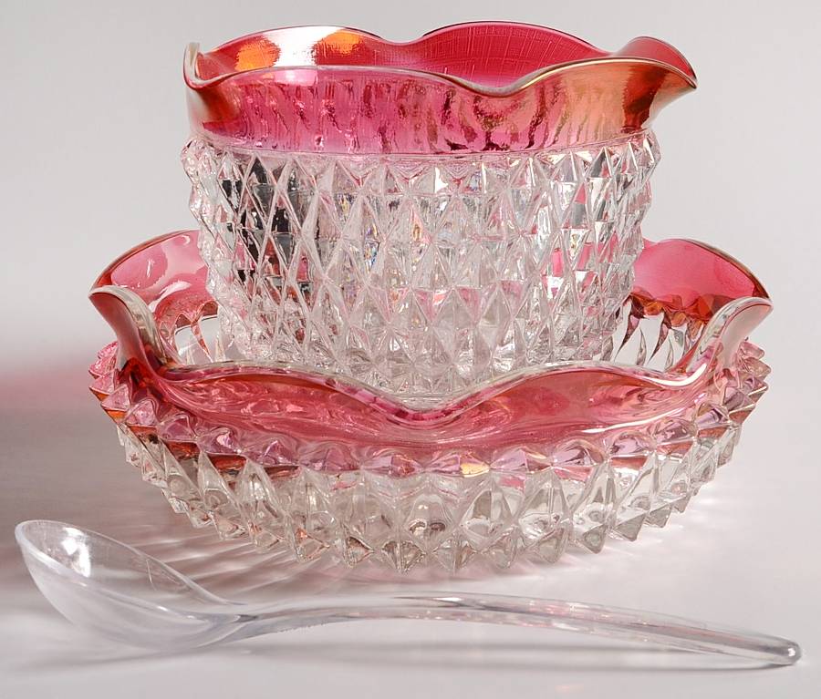 Diamond Point Ruby Mayonnaise Bowl, Underplate and Ladle by Indiana Glass-1