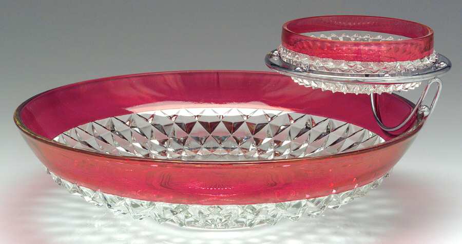 Diamond Point Ruby Chip & Dip Bowls with Metal Holder by Indiana Glass-1