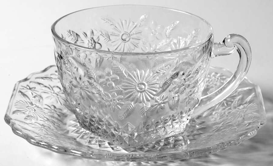 Pineapple and Floral Clear Cup & Saucer Set by Indiana Glass-1