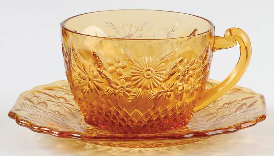 Pineapple and Floral Amber Cup & Saucer Set by Indiana Glass-1