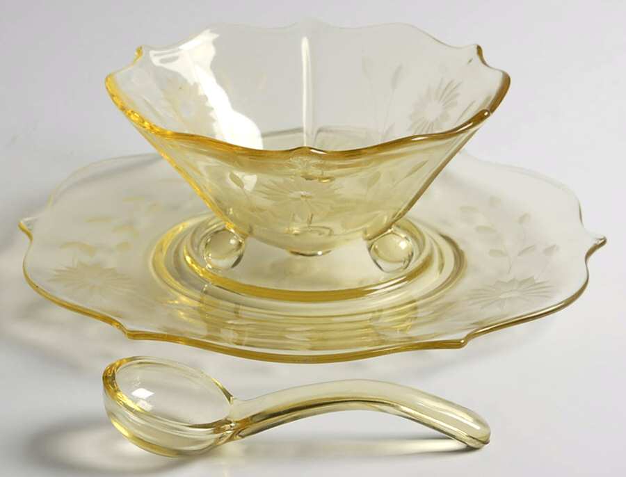 Jubilee Yellow Mayonnaise Bowl, Underplate and Ladle by Lancaster-1
