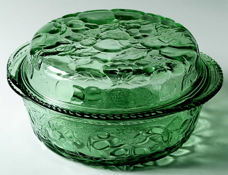 Orchard Fruit Green 3 Quart Round Covered Casserole by Libbey Glass Company-1
