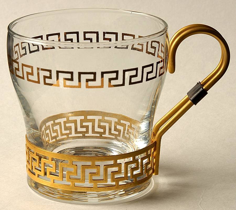 Greek Key Coffee Cup with Metal Handle by Libbey Glass Company-1