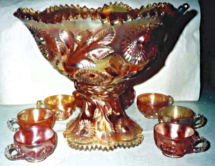 Hobstar and Feather Marigold Punch Bowl with Stand by Millersburg-1