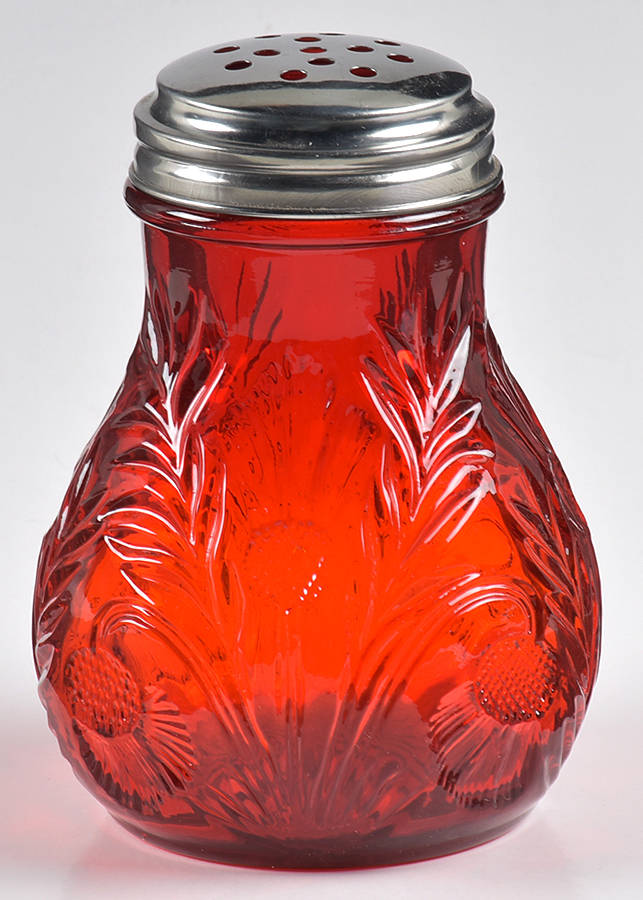 Inverted Thistle Ruby Red Sugar Shaker with Small Cast Top by Mosser (Ohio)-1