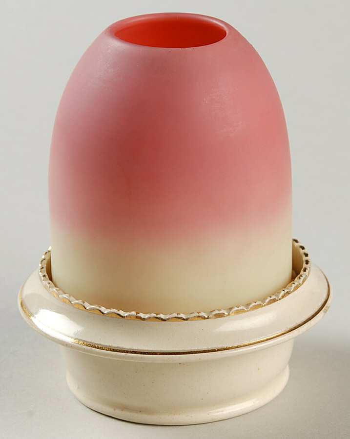 Burmese Fairy Lamp with Ceramic Base by Mt Washington Glass Works-1