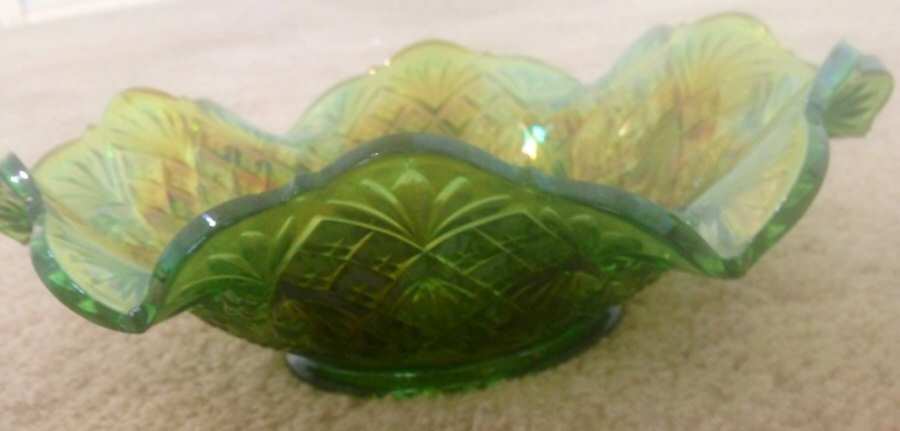 Nesting Swan Green Carnival 10" Ruffled Bowl by Millersburg-1