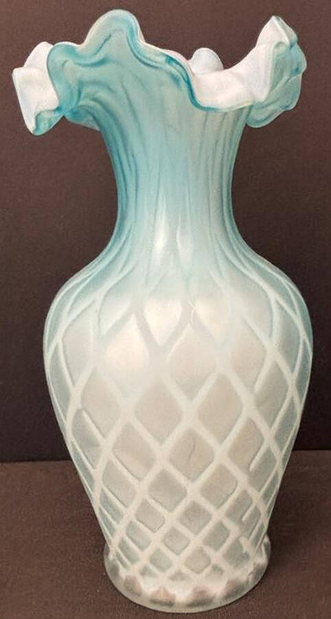 Blue Diamond Quilt 7" Crimped Vase by Mt Washington Glass Works-1