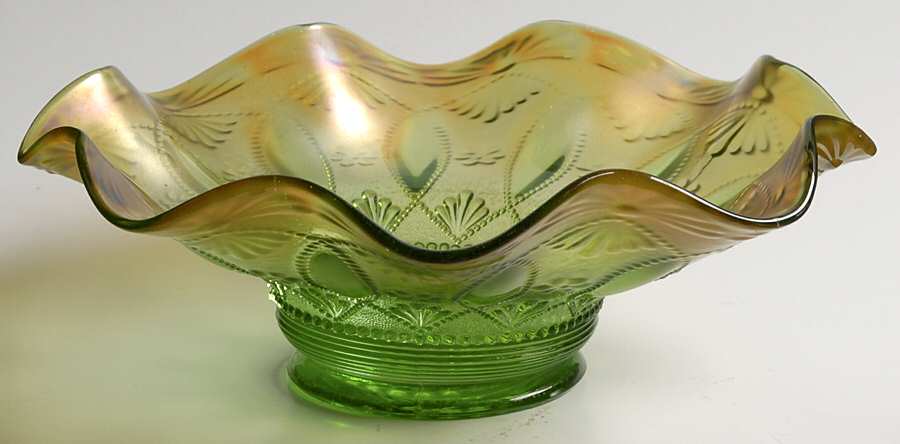 Beads-Green Carnival 8" Round Crimped Bowl by Northwood-1
