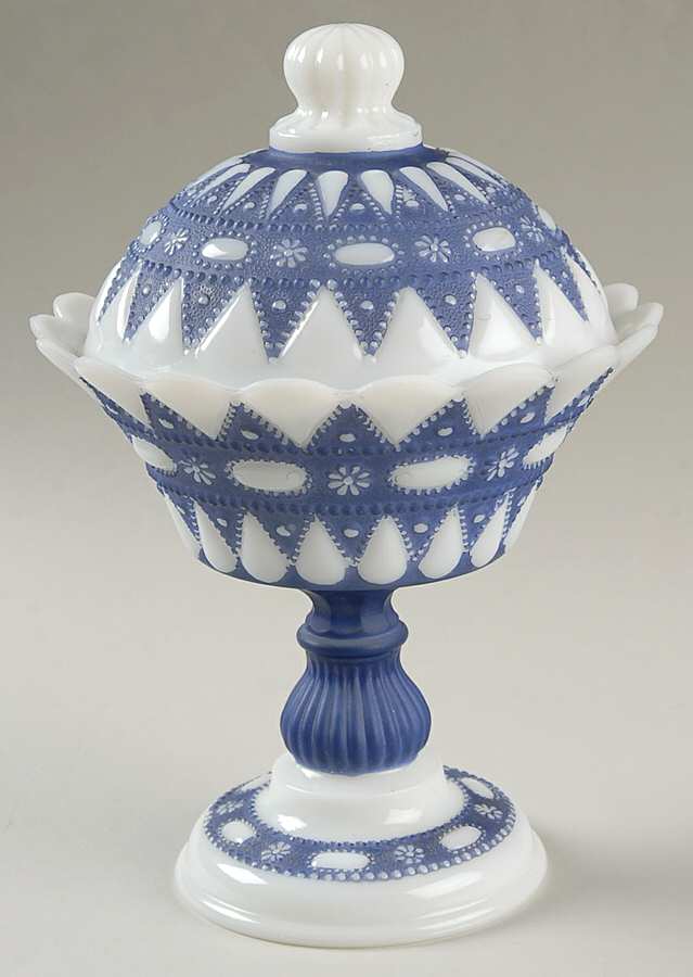Lacy Dewdrop White Blue 9" Compote & Lid by Phoenix Glass-1