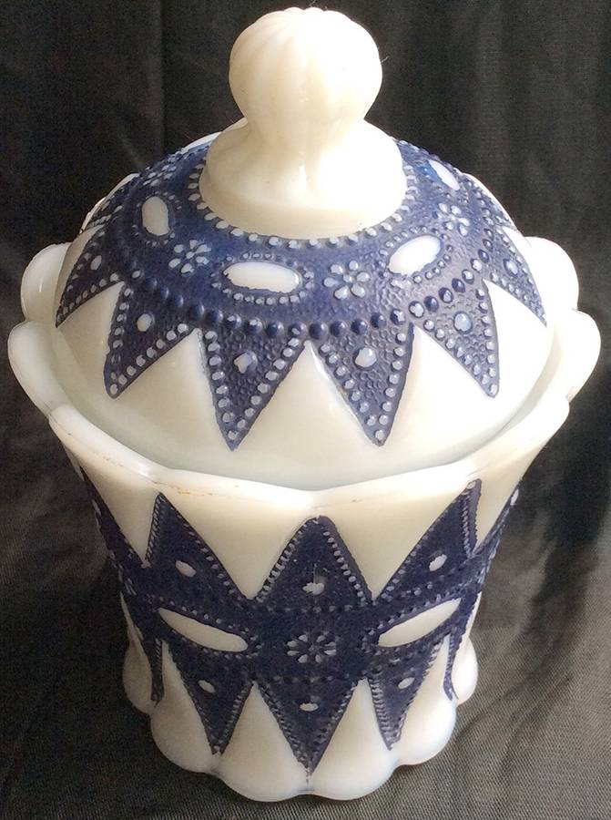 Lacy Dewdrop White Blue Sugar Bowl & Lid by Phoenix Glass-1