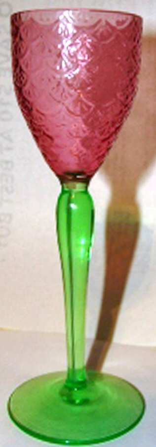 Turkey Tracks Cranberry (Green Stem) Cordial Glass by Pukeberg Glass-1