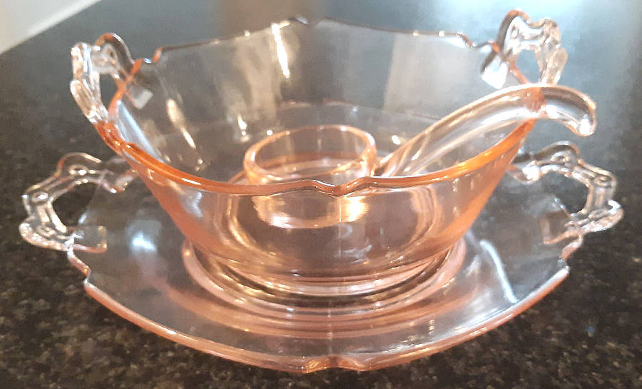 Mt. Pleasant Pink Mayonnaise Bowl, Underplate and Ladle by Smith Glass -1