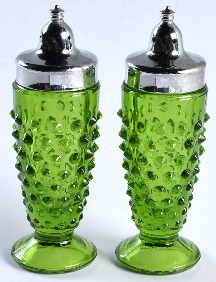 Hobnail Lime Green Footed Shaker Set & Metal Lids by Smith Glass -1