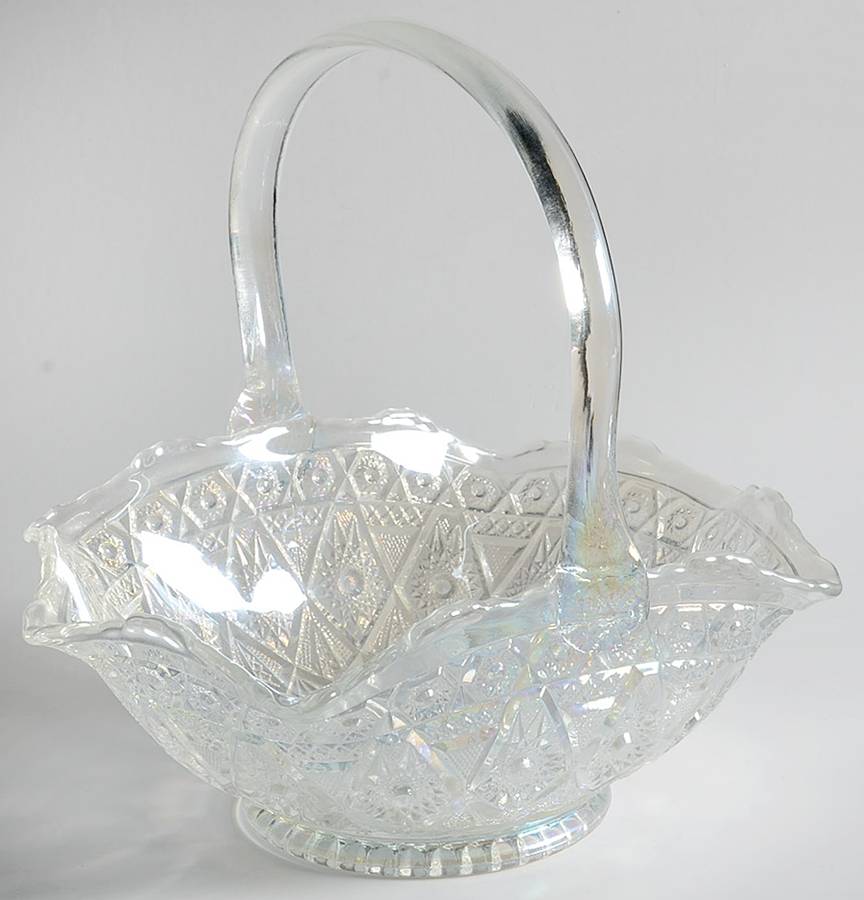 Crystal Lustre White Carnival Glass 8" Round Basket by Smith Glass -1