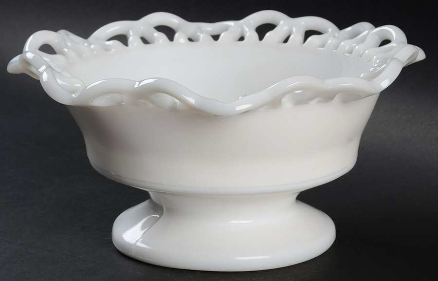 Colonial Lace Milk Glass Footed Crimped Bowl by Smith Glass -1