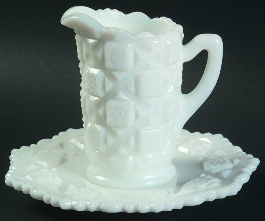 Old Quilt (Milk Glass) Syrup/Jug Open with Underplate by Westmoreland-1