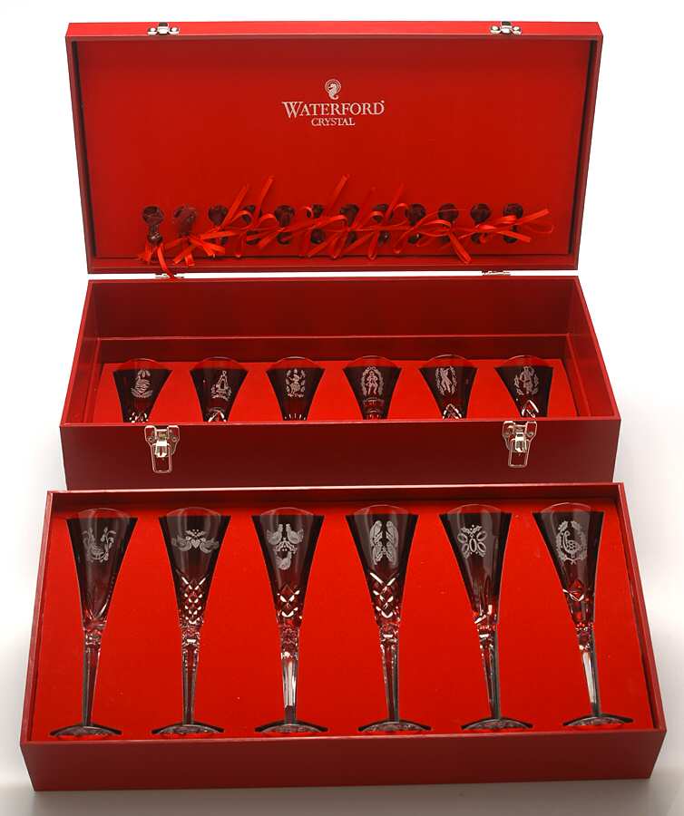 Twelve Days of Christmas Ruby 12 Piece Flute Set with Charms & Wood Case by Waterford Crystal-1