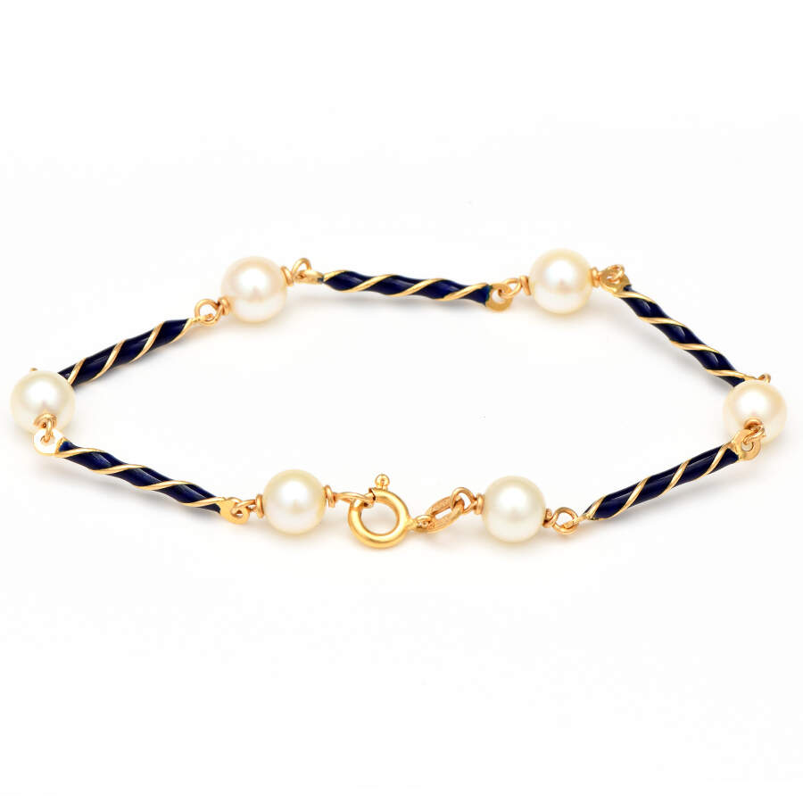 18KY Akoya Pearls & Blue Enamel Swirl Bar Bracelet-2
