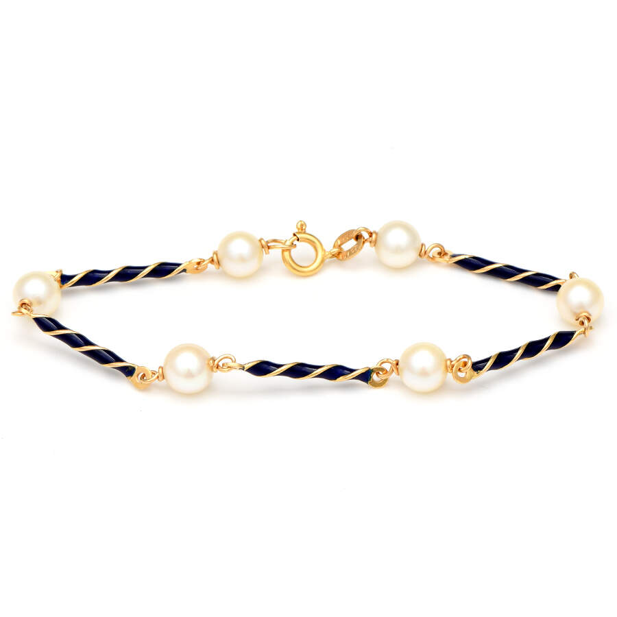 18KY Akoya Pearls & Blue Enamel Swirl Bar Bracelet-1