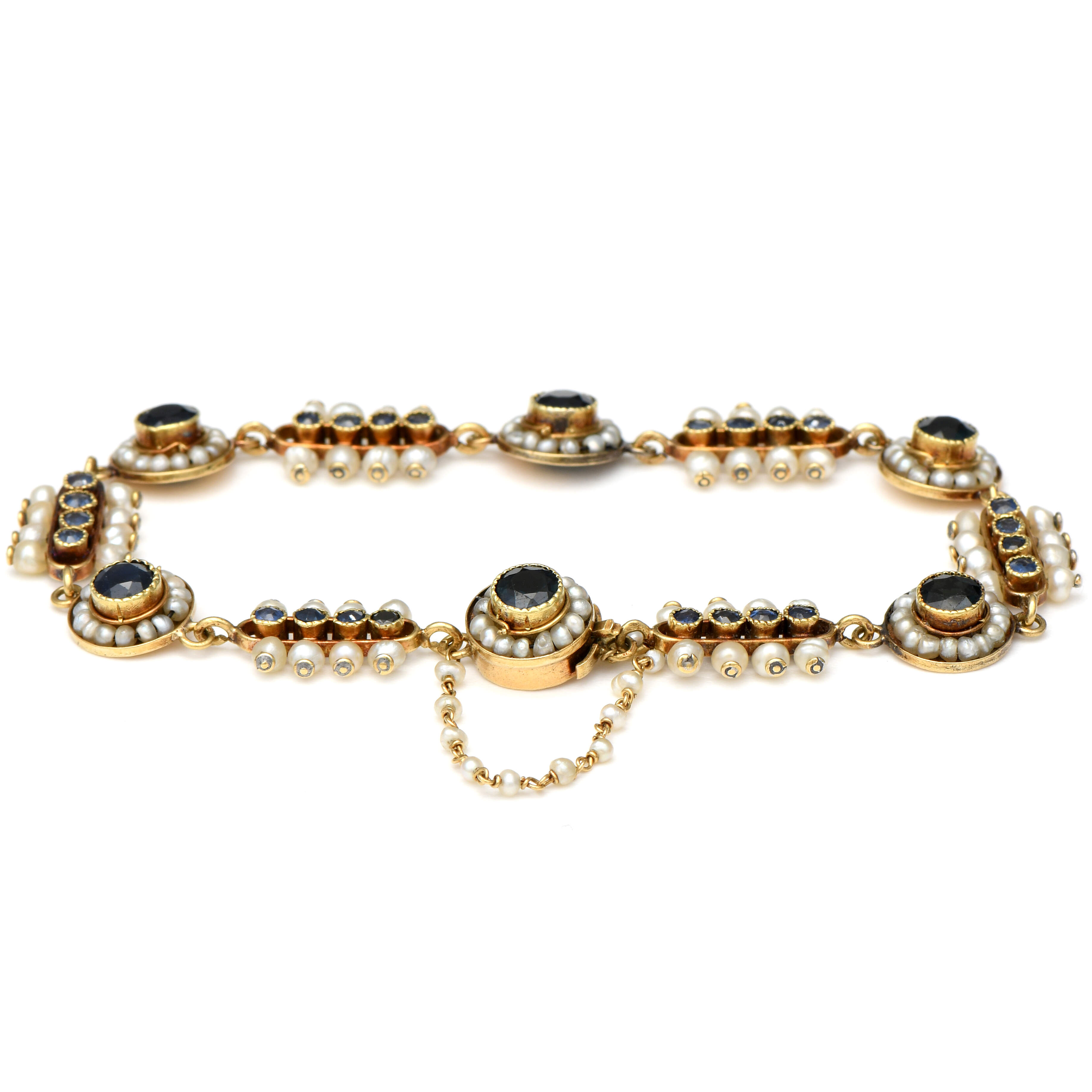18KY Victorian Sapphire(3.36) & Seed Pearl(2.0mm) Link Bracelet-2