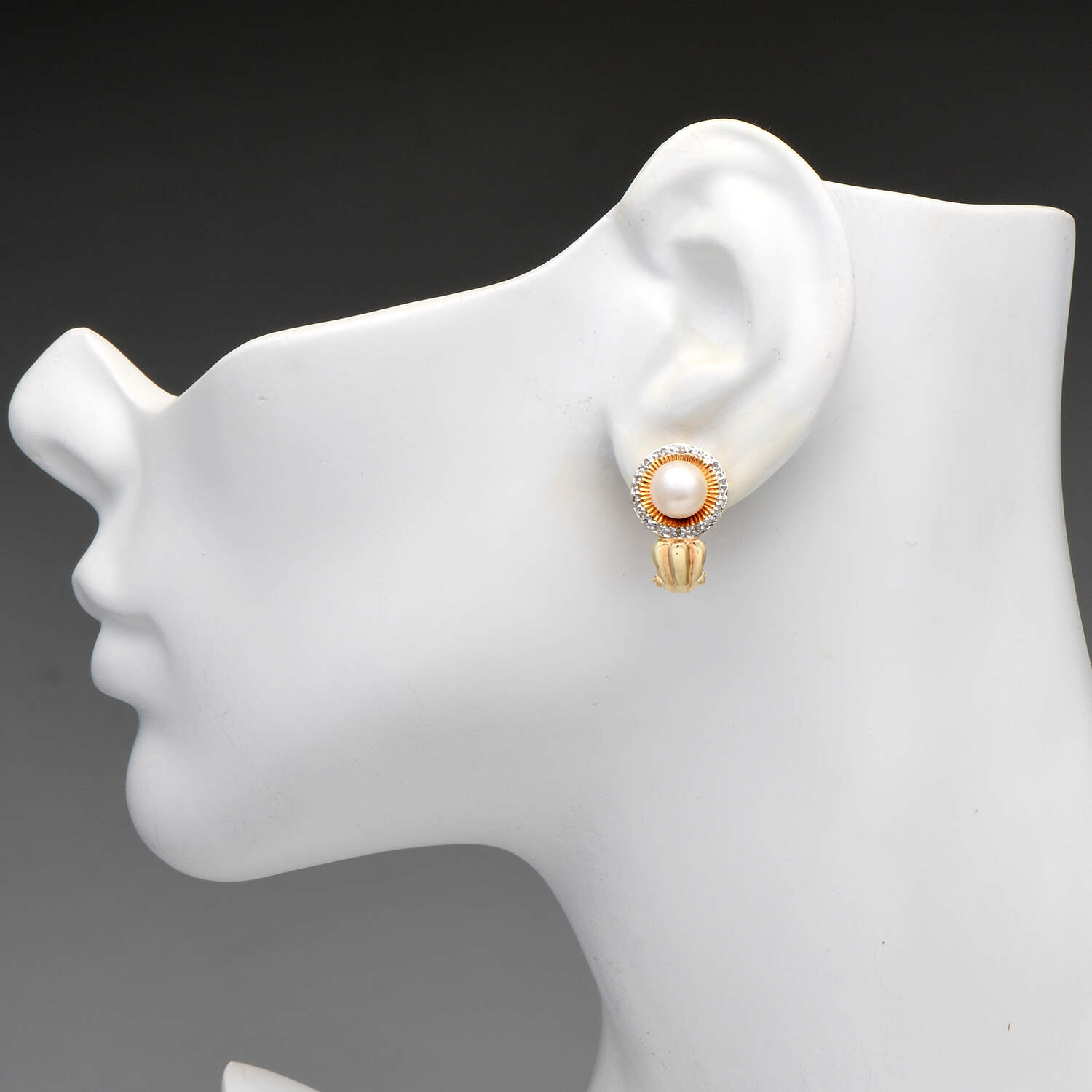 14KYW Pearl & Diamond (0.05) Ribbed Drop Earrings-3