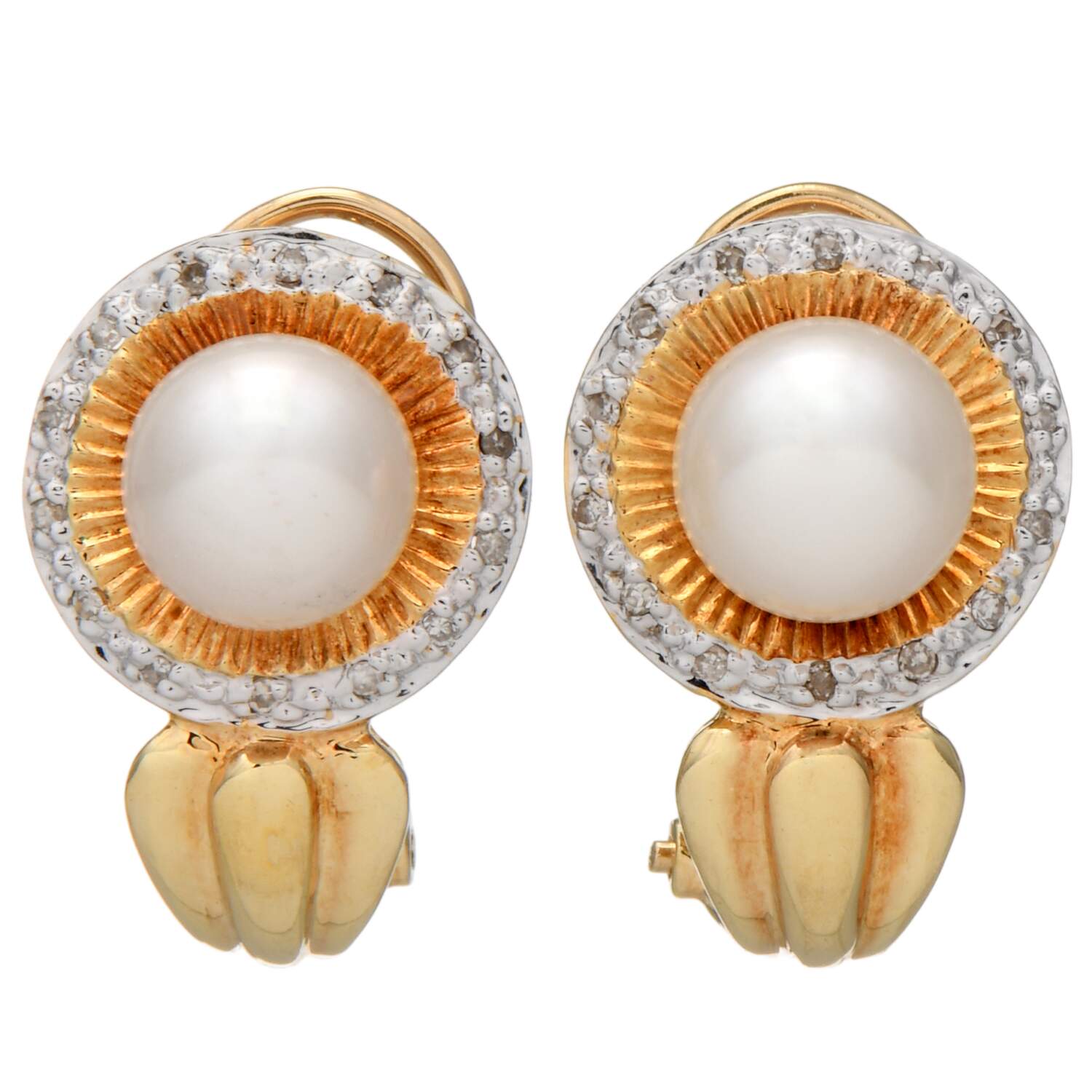 14KYW Pearl & Diamond (0.05) Ribbed Drop Earrings-1