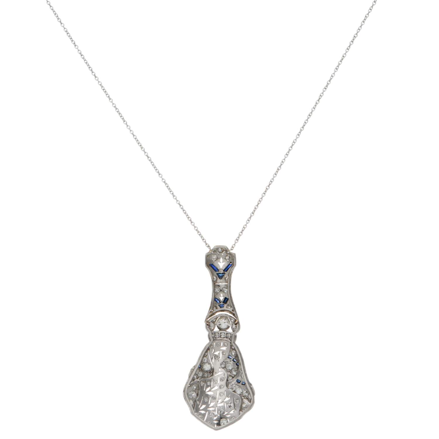 Platinum Art Deco Diamond(1.35) & Synthetic Sapphire Drop Necklace-3