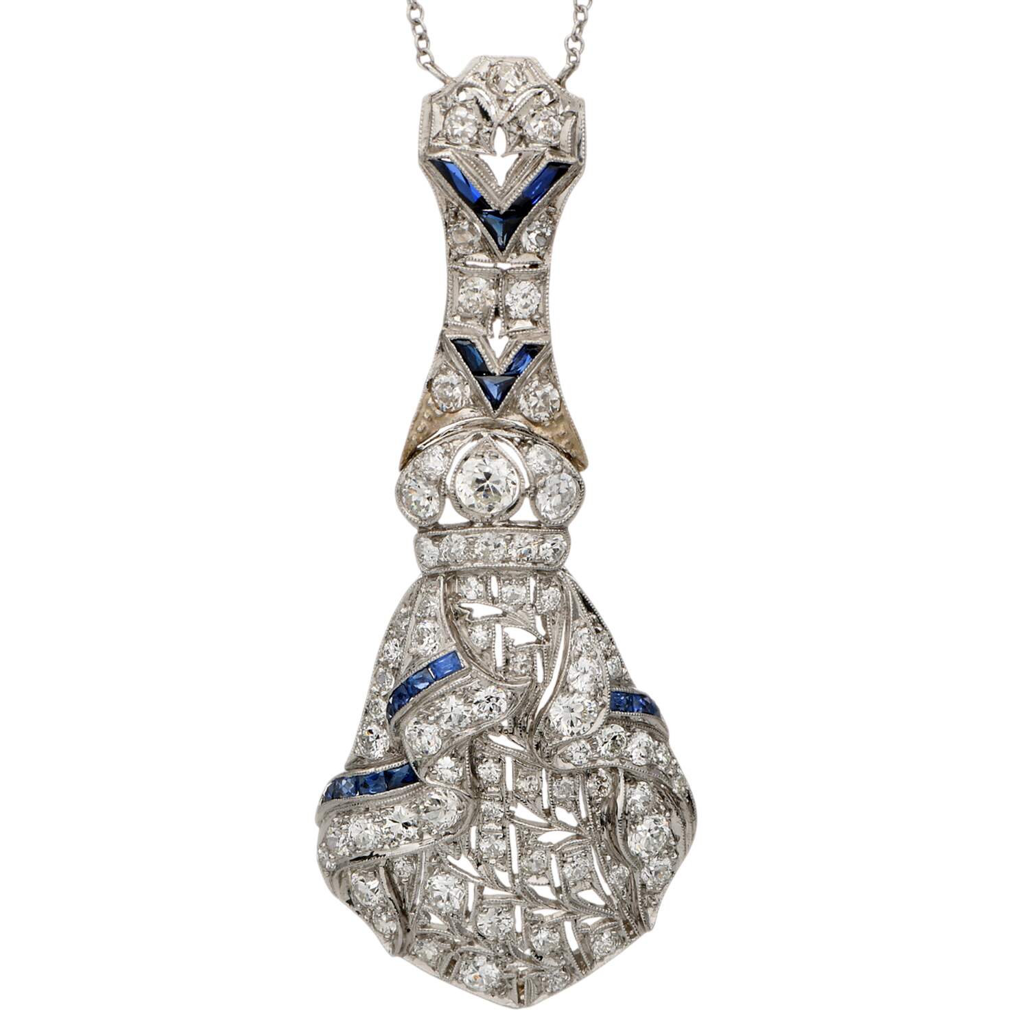 Platinum Art Deco Diamond(1.35) & Synthetic Sapphire Drop Necklace-1