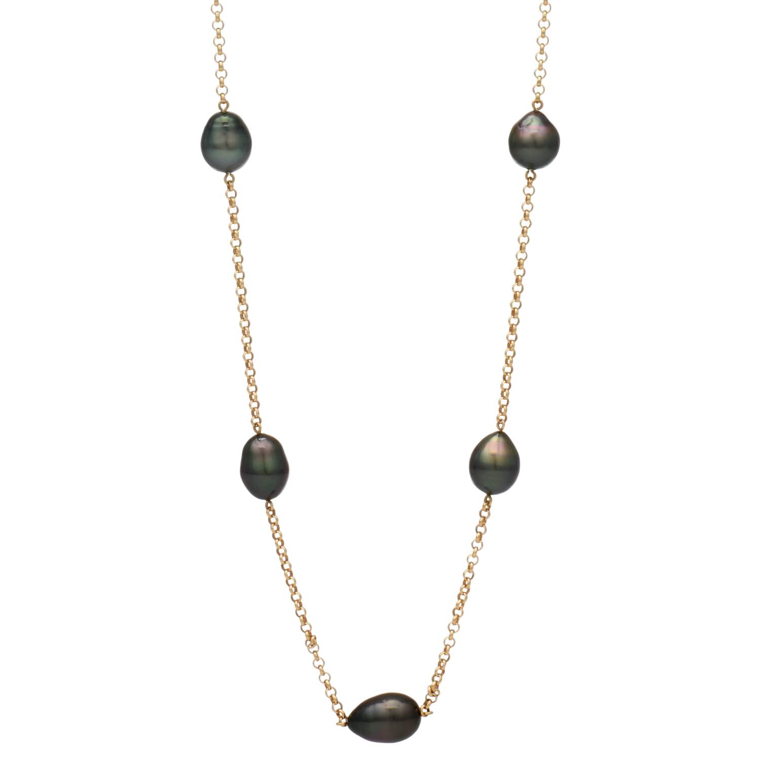 18KY Peacock Tahitian Pearl Station Cable Chain Necklace-1