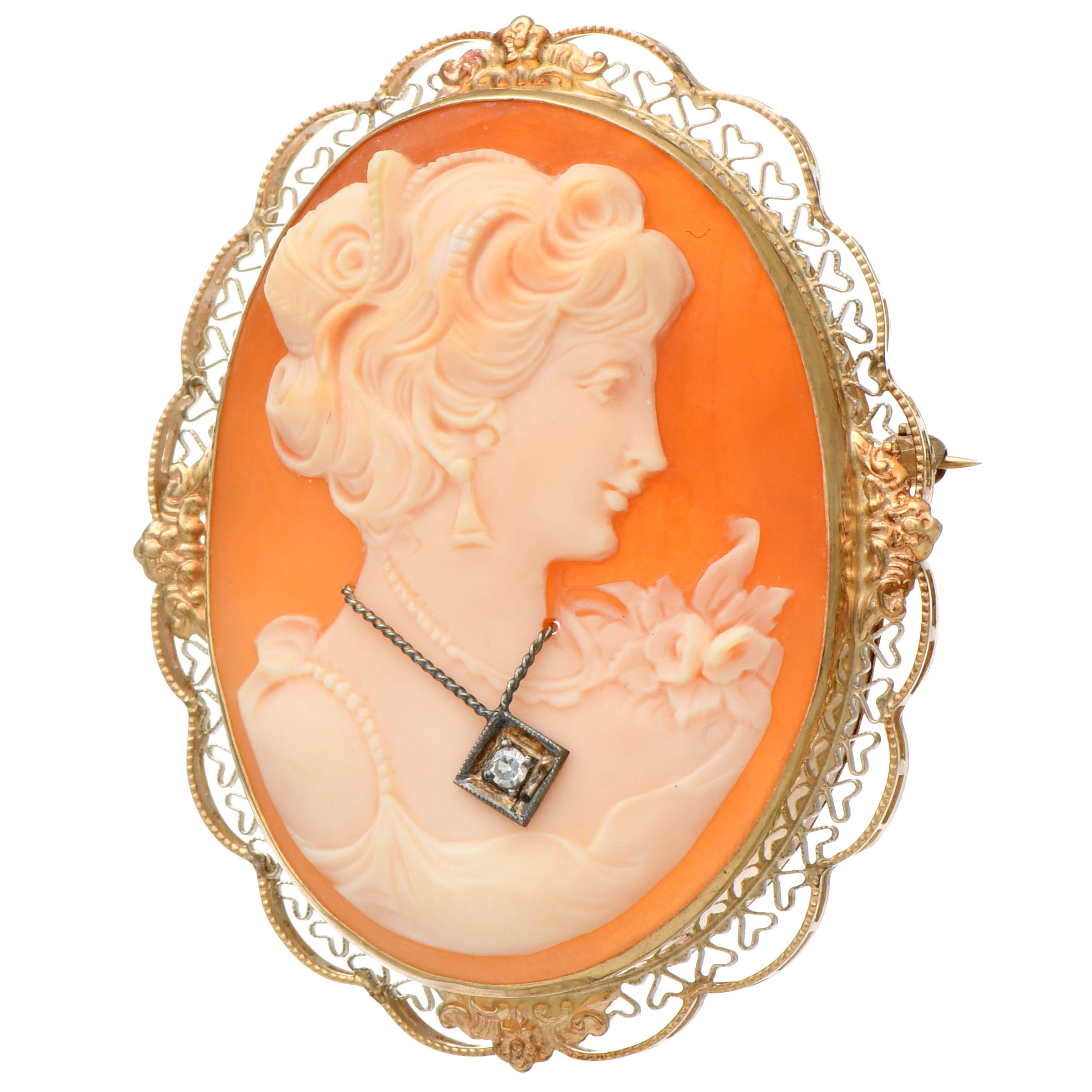 14KY Victorian Large Shell Cameo with Diamond Accent Pin-1