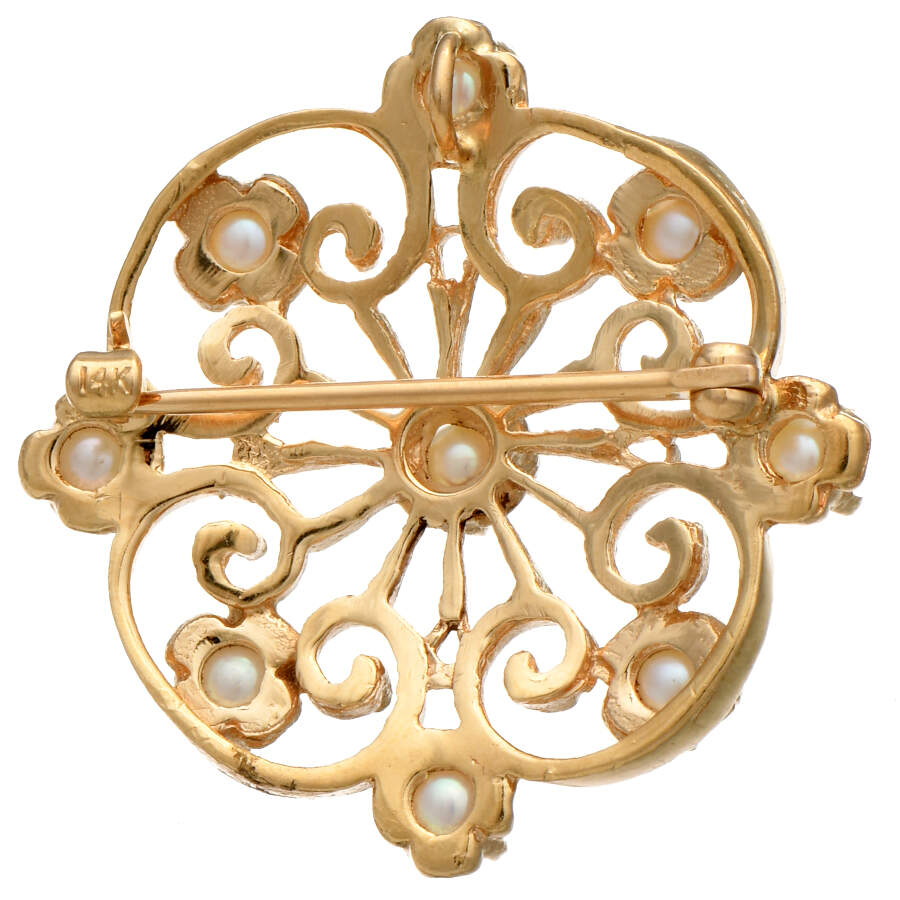 14KY Cultured Pearl Openwork Swirl Pin-2