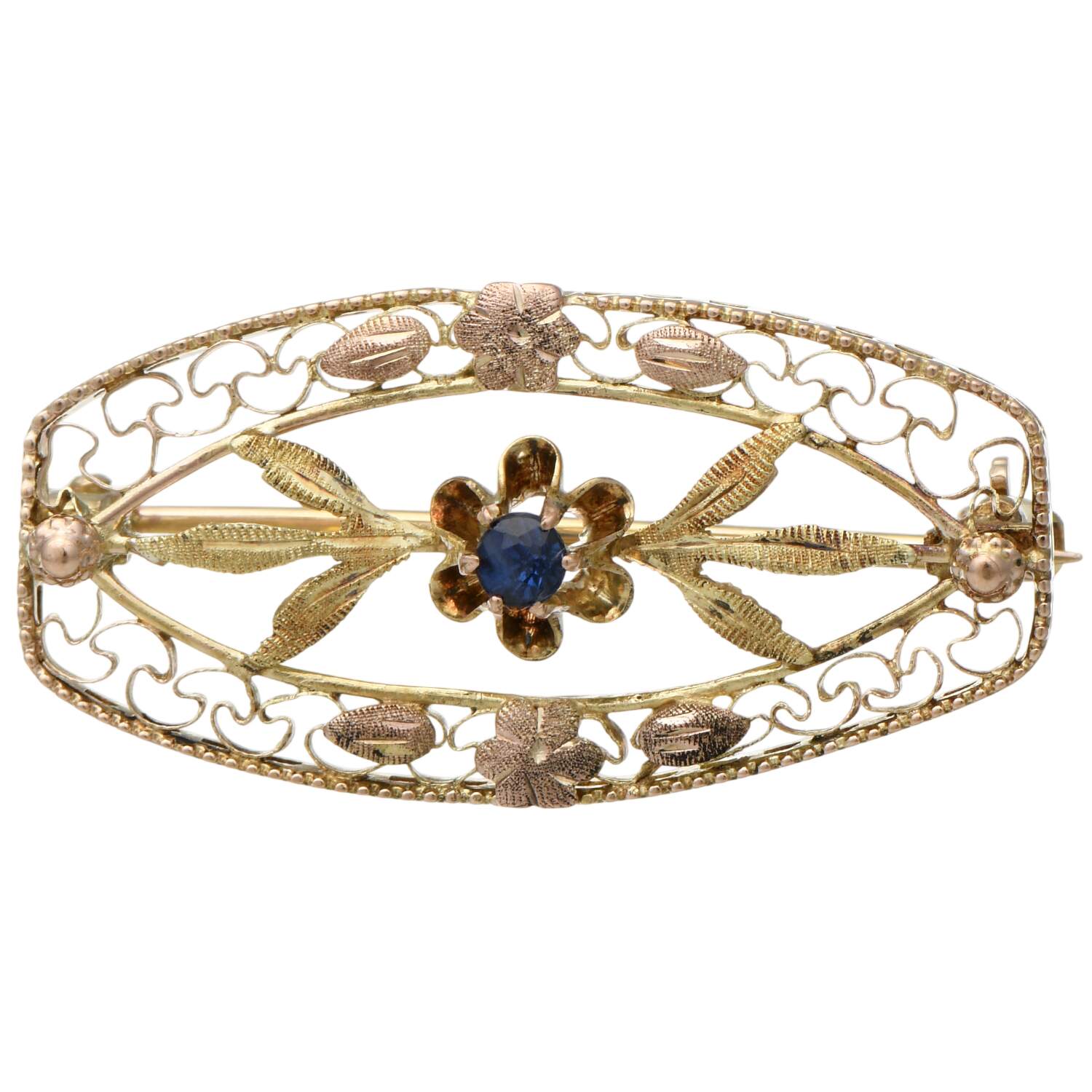 14/10KYR Art Nouveau Blue Sapphire (0.08) Floral Filigree Pin-1