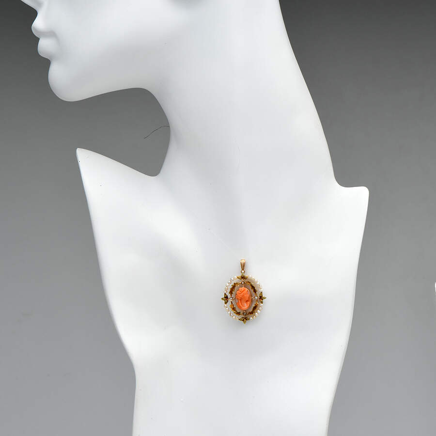 10KY Victorian Carved Cameo & Seed Pearl Pendant-3