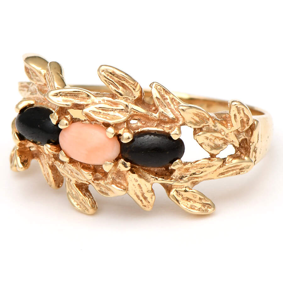 14KY Black & Pink Coral Leaf Ring-1