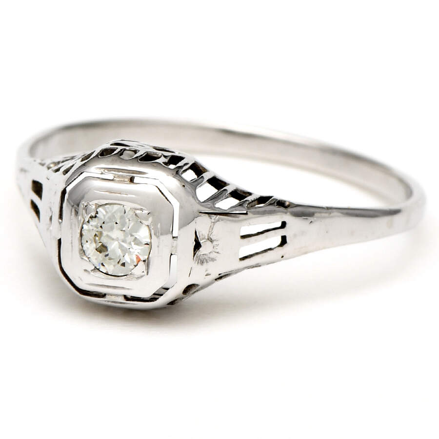 18KW Art Deco Diamond(0.12) Solitaire Ring-1