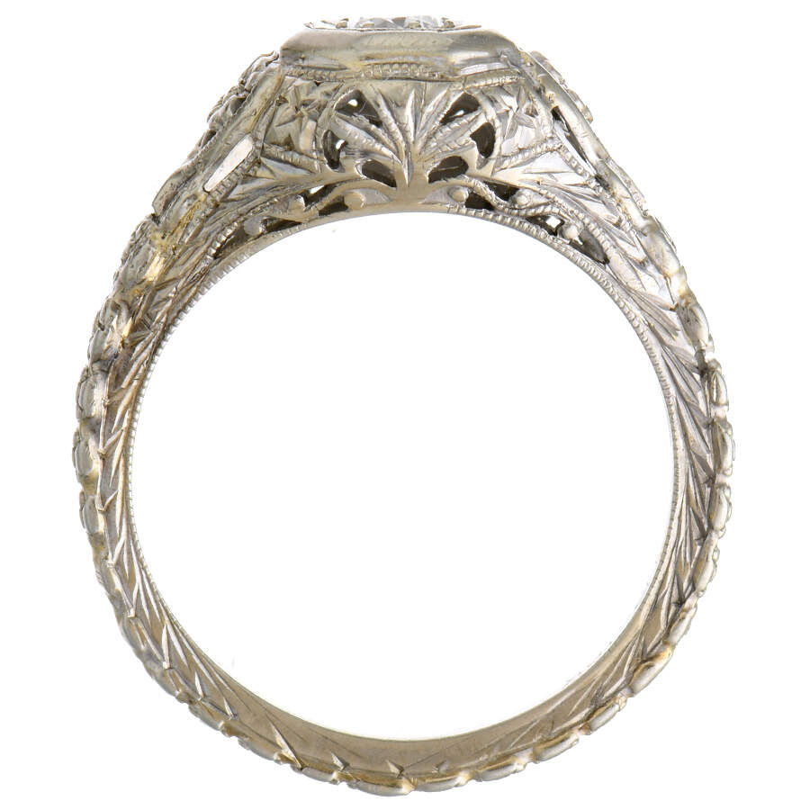 18KW Edwardian Diamond(0.14) Floral Embossed Solitaire Ring-4