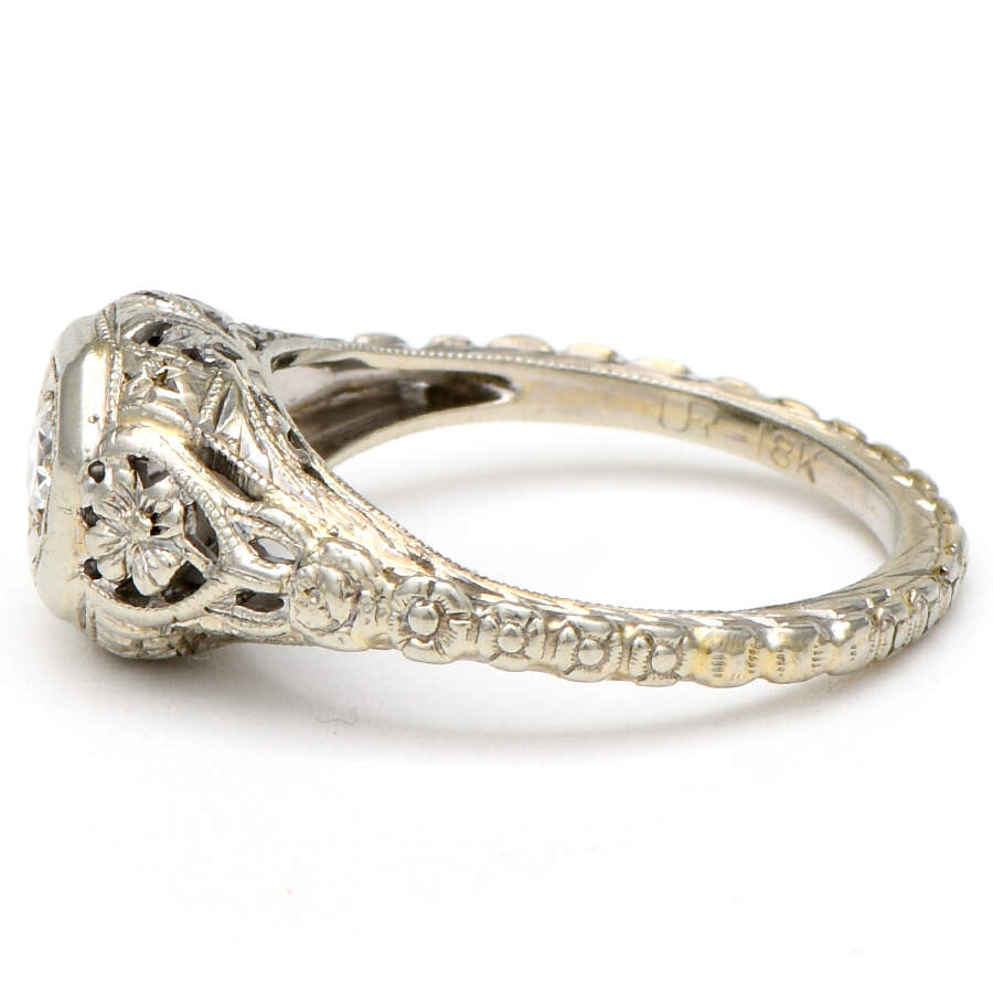 18KW Edwardian Diamond(0.14) Floral Embossed Solitaire Ring-3