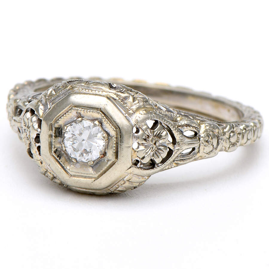 18KW Edwardian Diamond(0.14) Floral Embossed Solitaire Ring-1