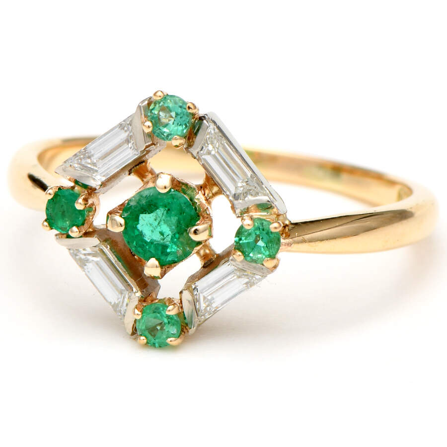 18KY Emerald(0.27) & Diamond(0.28) Geometric Ring-1