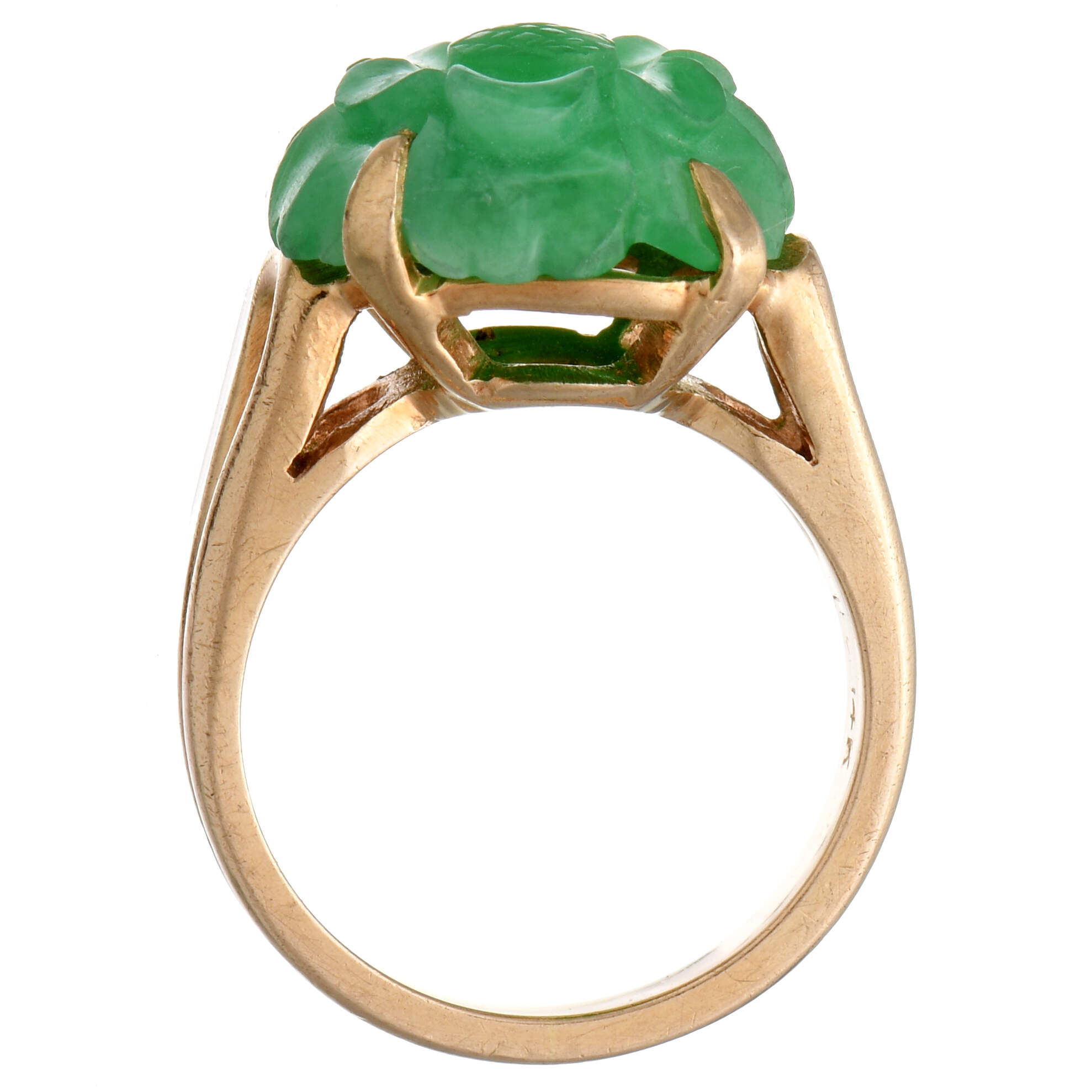 14KY Vintage 1940s Green Jade Carved Flower Ring-4