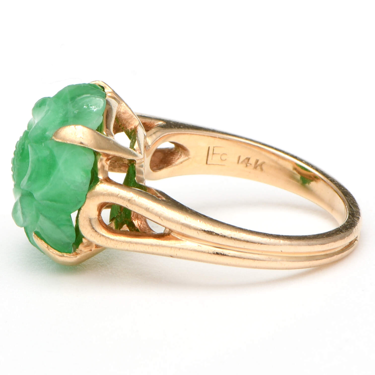 14KY Vintage 1940s Green Jade Carved Flower Ring-3