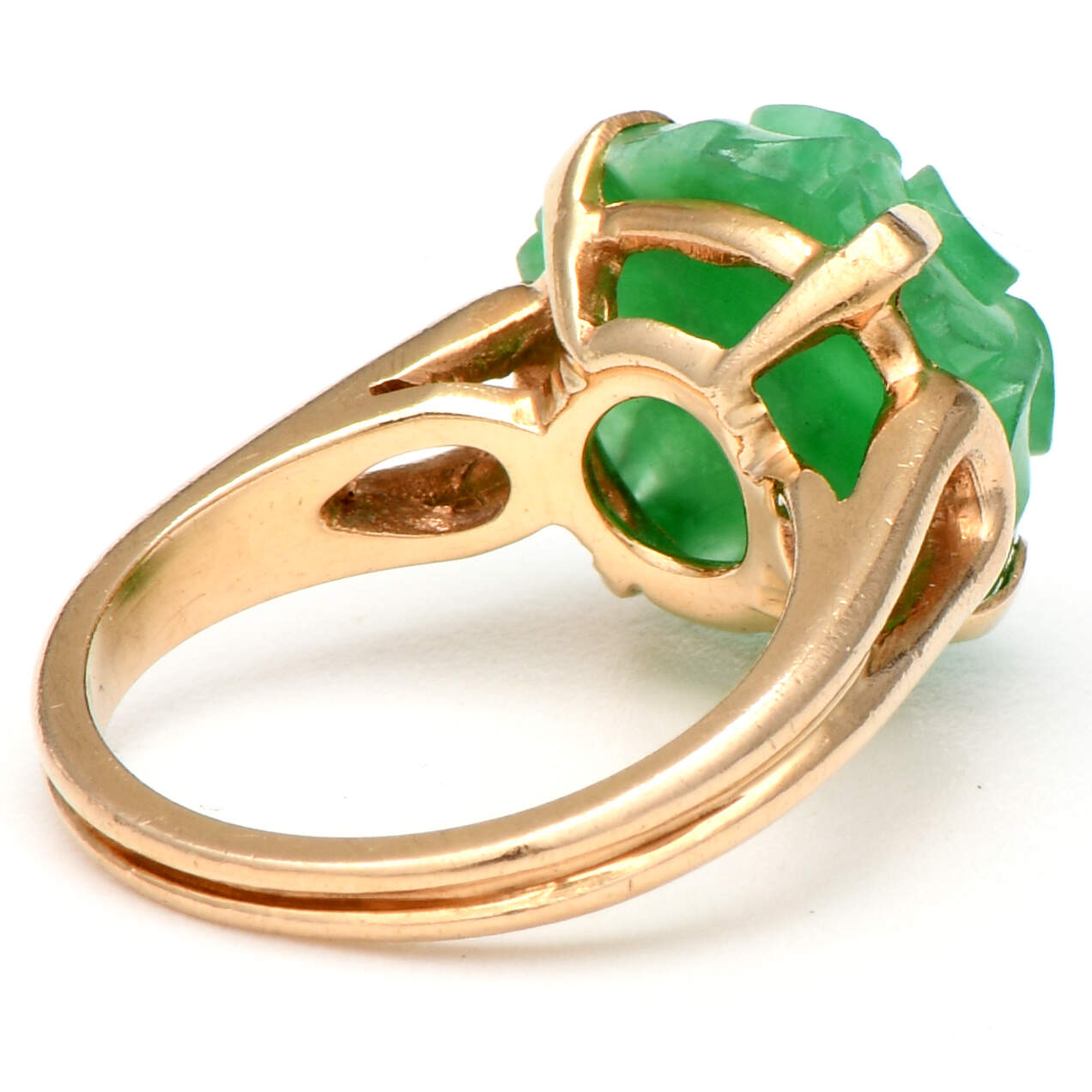 14KY Vintage 1940s Green Jade Carved Flower Ring-2
