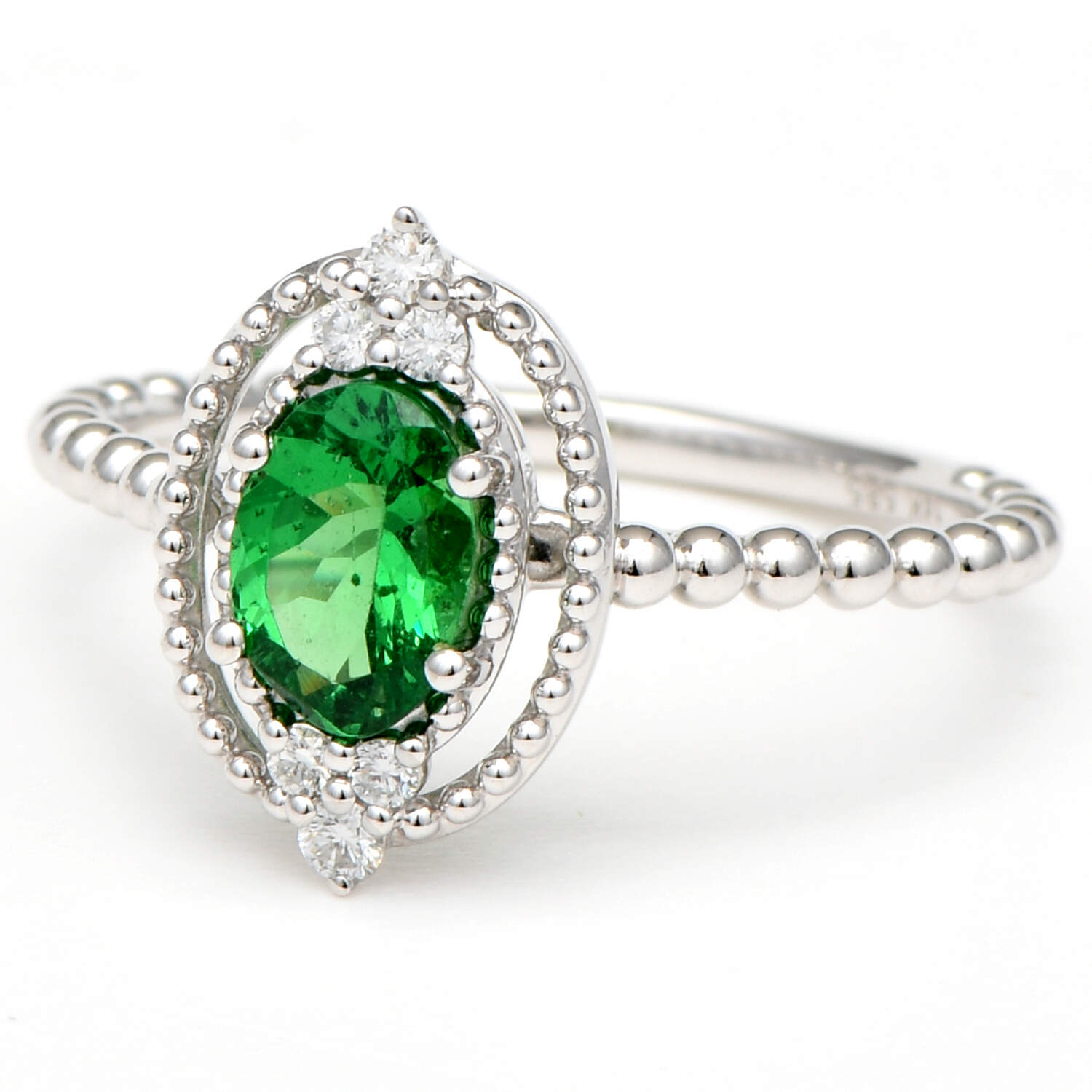 14KW Green Garnet (0.76) & Diamond (0.09) Beaded Halo Ring-1