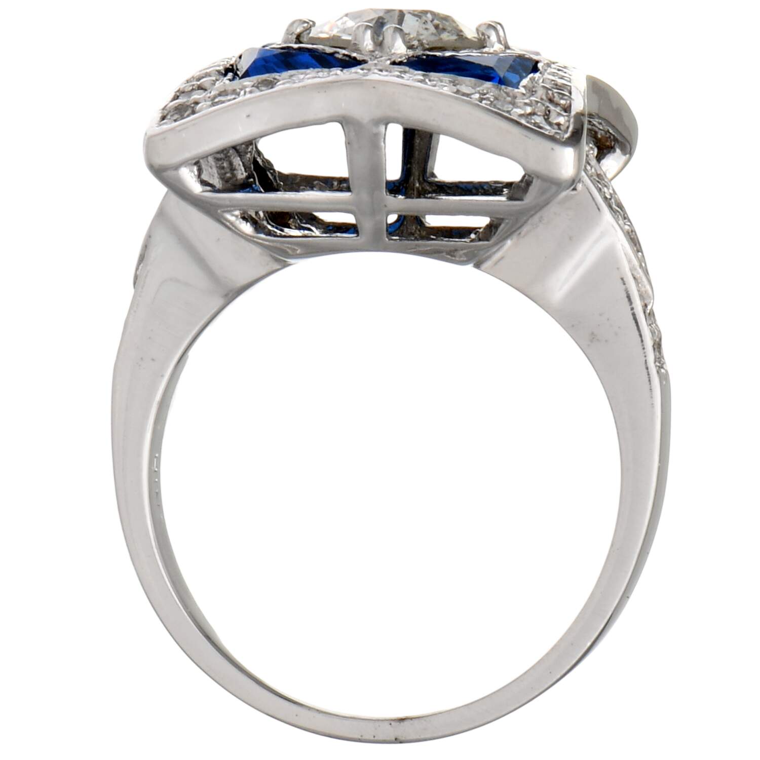 14KW Art Deco Inspired Diamond(1.26) & Blue Cubic Zirconia Ring-5