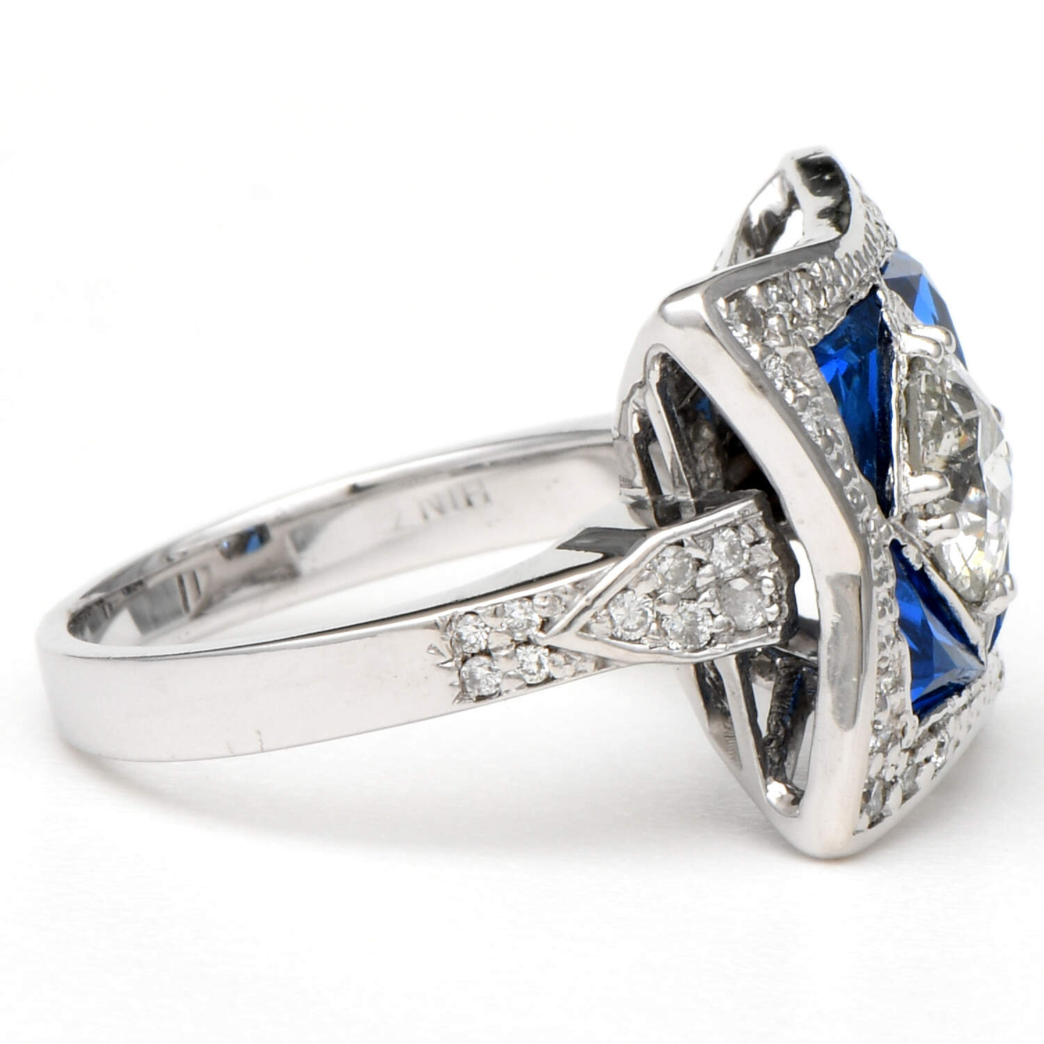 14KW Art Deco Inspired Diamond(1.26) & Blue Cubic Zirconia Ring-4