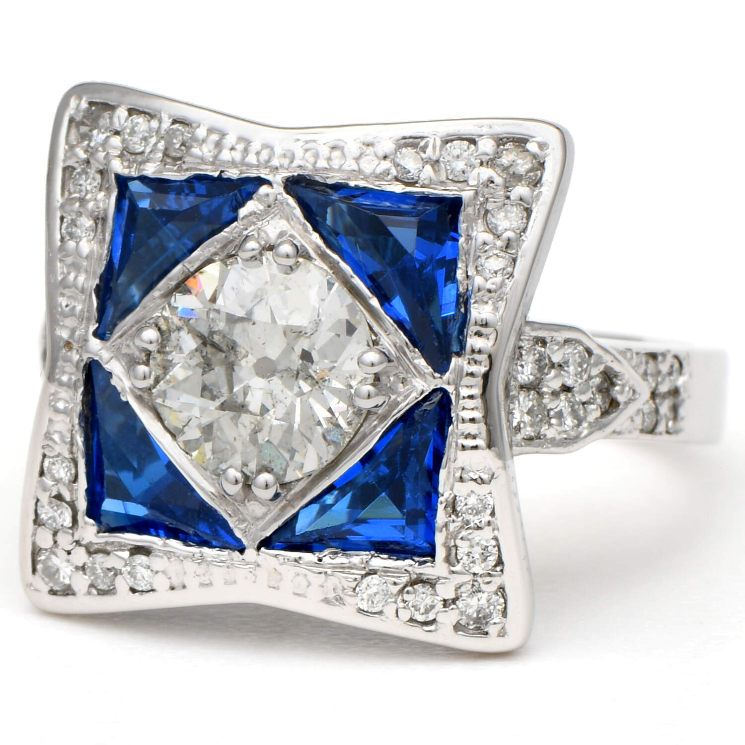 14KW Art Deco Inspired Diamond(1.26) & Blue Cubic Zirconia Ring-1